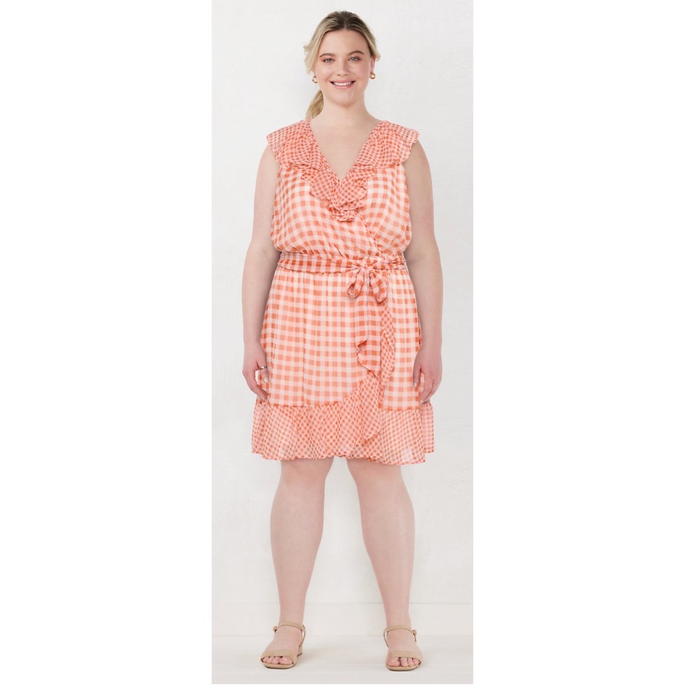 NWT LC Lauren Conrad Ruffle Faux-Wrap Dress Orange Gingham Plus Size 3X